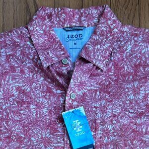 Izod Saltwater Hawaiian Shirt Red Floral Print Size M NWT Vacation Beach Casual